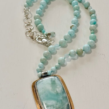 Larimar Sterling Silver and Brass Pendant Necklace - Ocean Calm in Every Stone