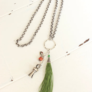 Boho style green tassel necklace - 30”