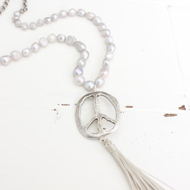 Silver Peace and Tassel Necklace